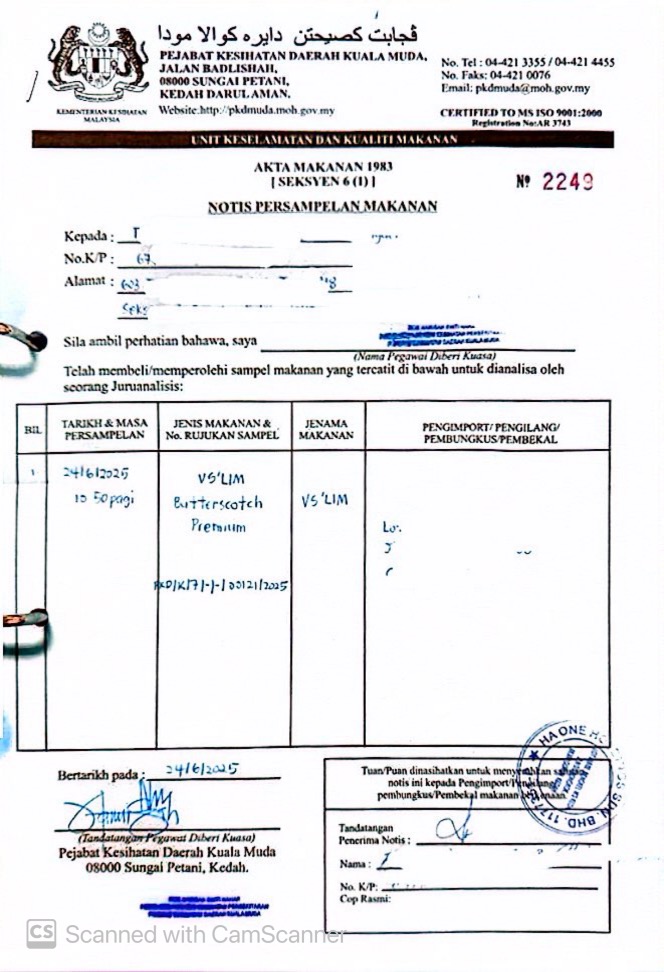 Notis Persampelan Makanan - VSlim Butterscotch Premium
